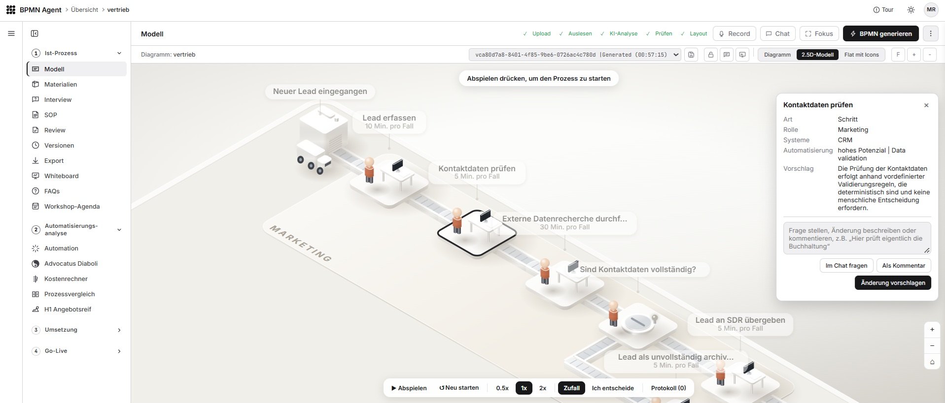 Screenshot: Editor mit dem 2.5D-Modell eines Vertriebsprozesses und der Karte zu einem Schritt